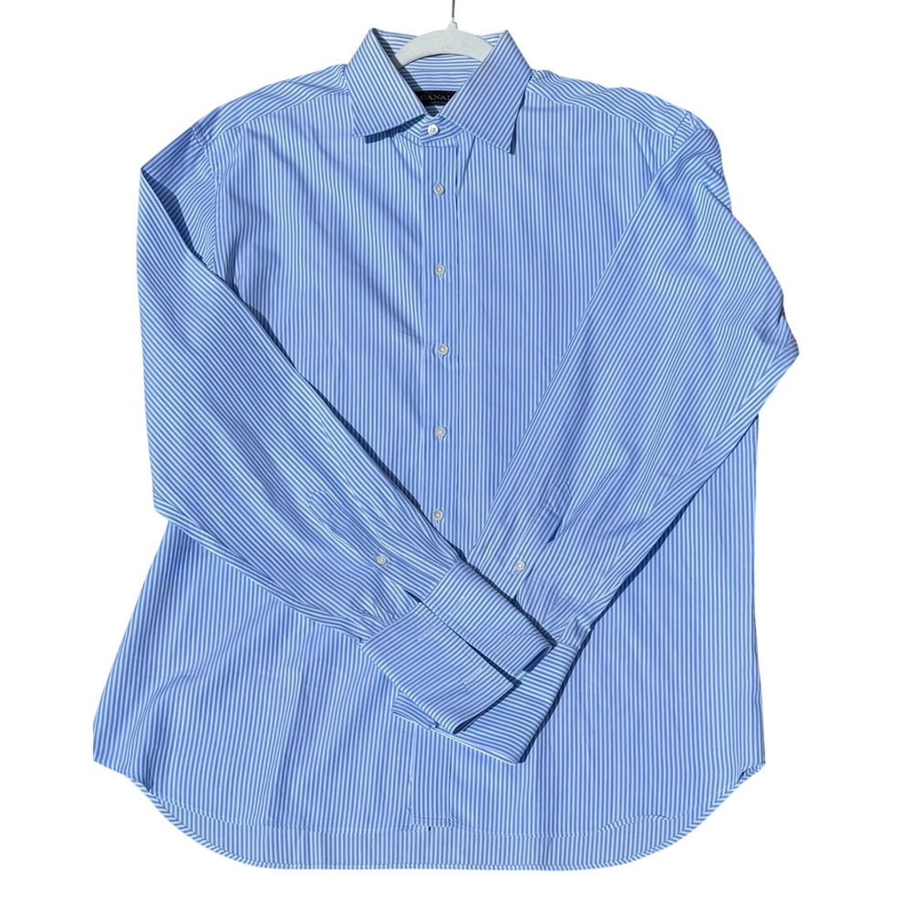 Canali Dress Shirt Blue White Striped French Cuff Italy Mens XL 24.5 P2P